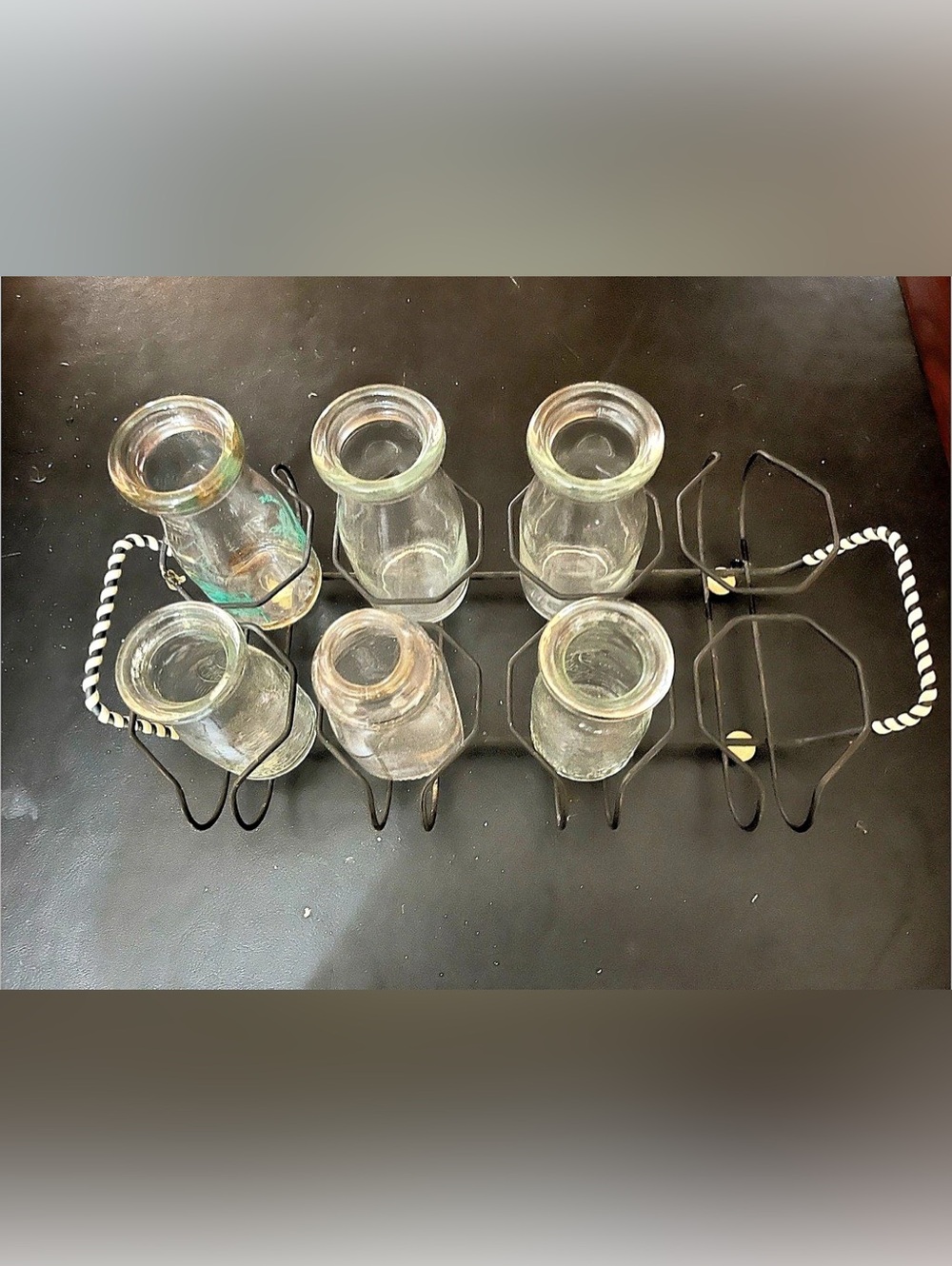 Six Glass Milk Bottles and Holder Rack